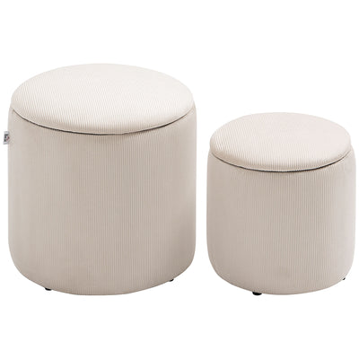 HOMCOM Modern Storage Ottoman with Removable Lid, Fabric Storage Stool, Foot Stool, Dressing Table Stool Side Table, Set of 2, Cream White 