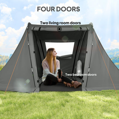 Outsunny 3 Man Camping Tent with Living Area and 2 Bedrooms, 3000mm Waterproof Family Tent with Sewn-in Groundsheet, Portable with Bag for Hiking, Festival, Backpacking, Drak Grey 
