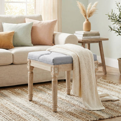 HOMCOM Vintage Foot Stool, Tufted Square Footrest with Wood Legs, Light Grey 