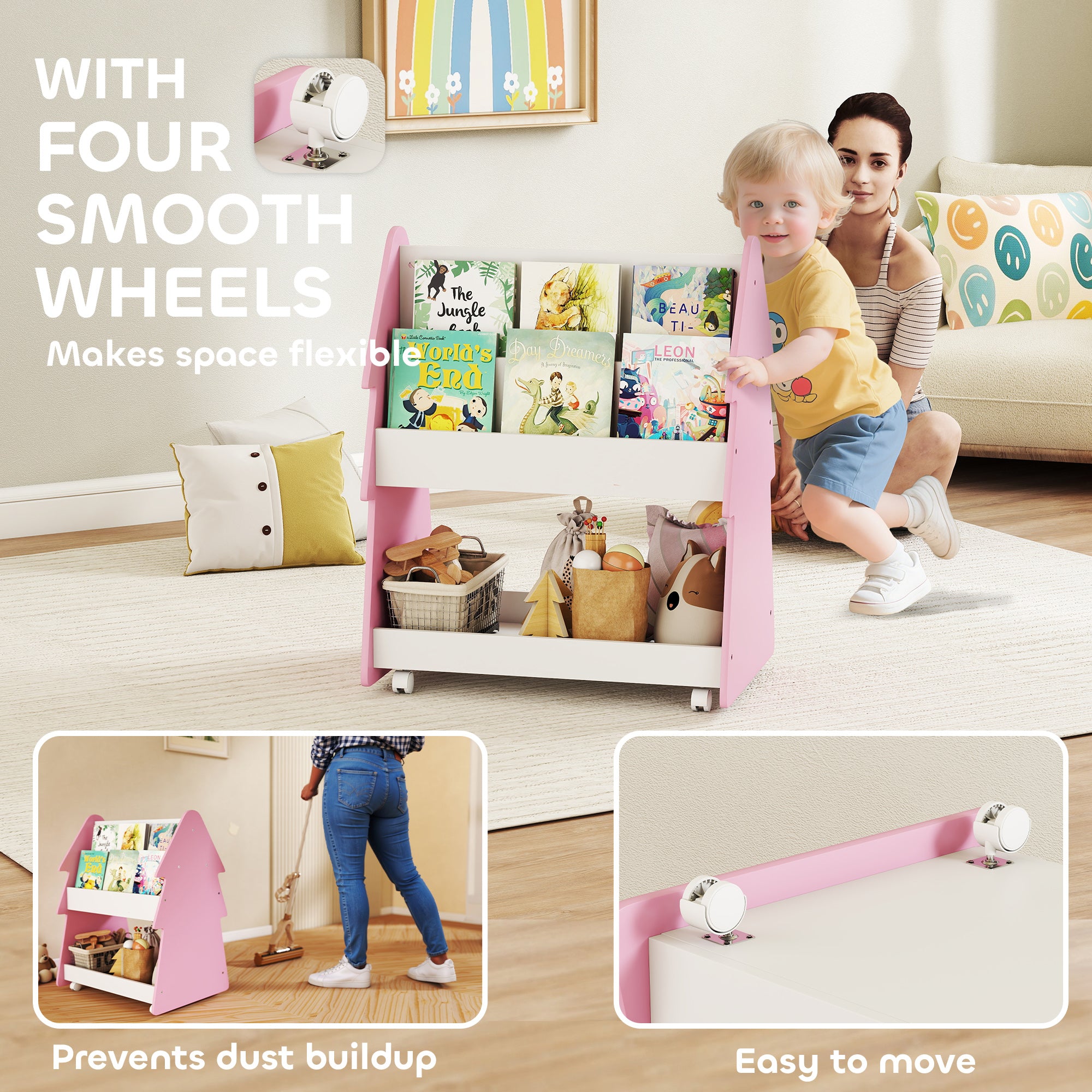 AIYAPLAY Kids Bookshelf with Toy Storage, Double-Sided Bookcase with Wheels, 3 Tier Kids Book Rack for Bedroom, Pink 