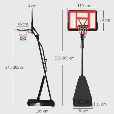 SPORTNOW Basketball Hoop Outdoor, Height Adjustable Basketball Hoop and Stand with Rebound System, Weighted Base, Portable on Wheels, 2.45-3.05m, for Teens, Juniors, Adults, Red 