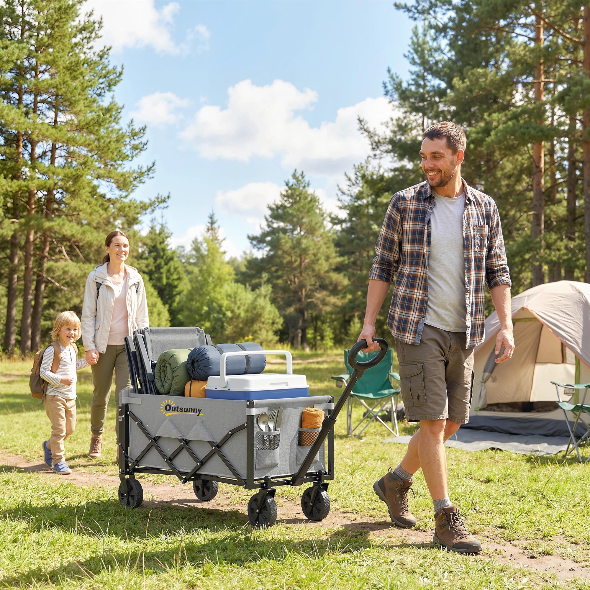 Outsunny 60L Foldable Festival Trolley on Wheels, Collapsible Wagon Cart with Drop-Down Tailgate, Adjustable Handle, Grey 