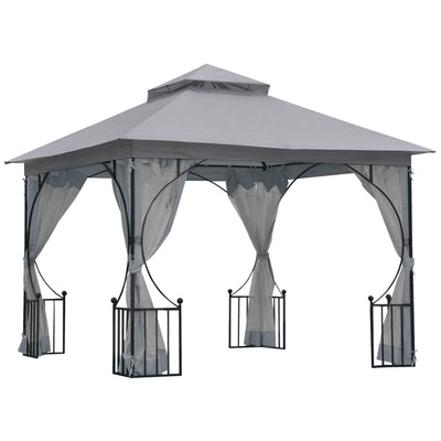 Outsunny 3 x 3(m) Garden Gazebo Patio Party Tent Shelter Outdoor Canopy Double Tier Sun Shade Metal Frame Netting, Light Grey 