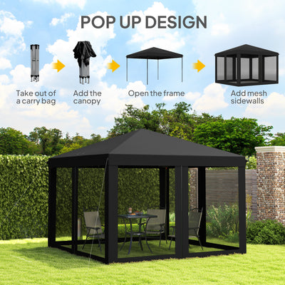 Outsunny 3 x 3\'c2\'a0m Pop Up Gazebo, 420D Garden Tent Canopy with Removable Mesh Sidewall Netting, Carry Bag for Garden Patio Outdoor, Black 