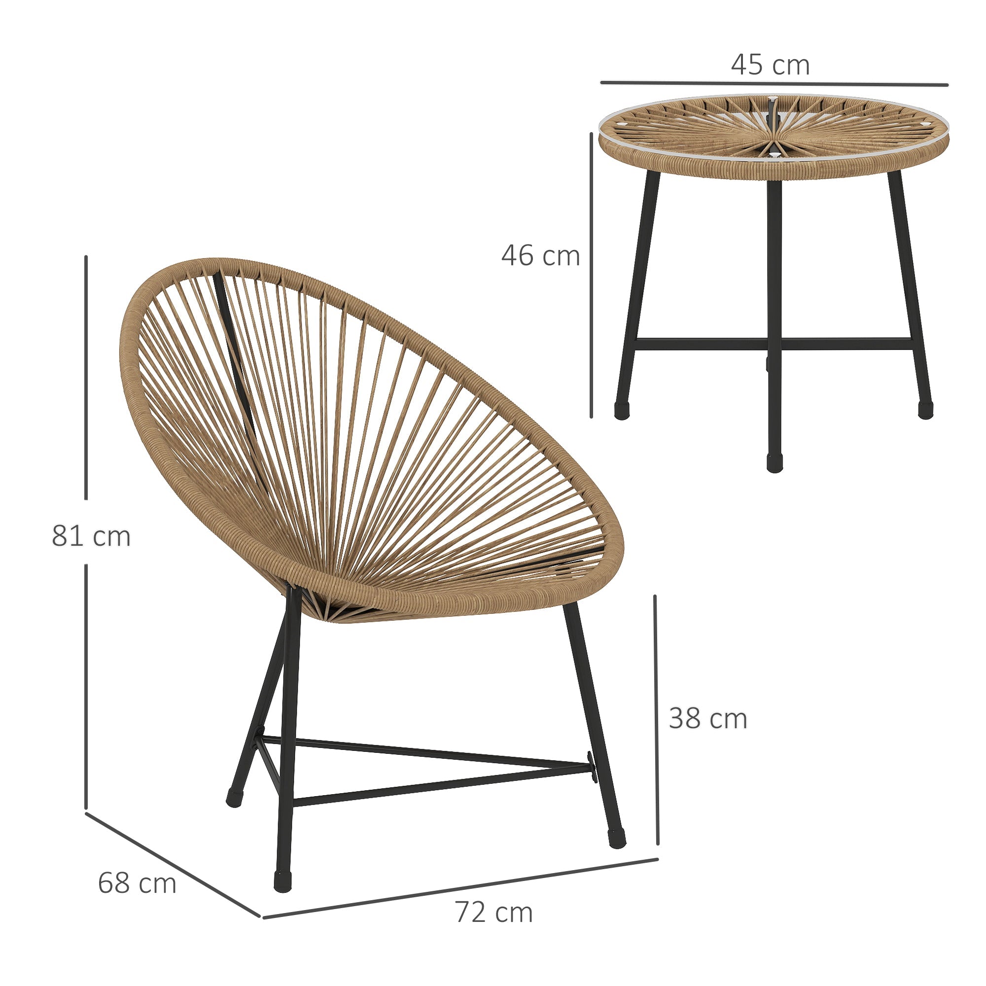 Outsunny 3 Pieces Rattan Bistro Set, Garden Bistro Set with Acapulco Chairs and Glass Top Table, Small Garden Furniture Set with Reinforced Metal Frame for Outdoor, Patio, Balcony, Natural 
