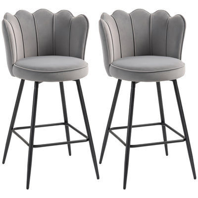 HOMCOM Set of Two Velvet-Feel Lotus Bar Stools - Grey 