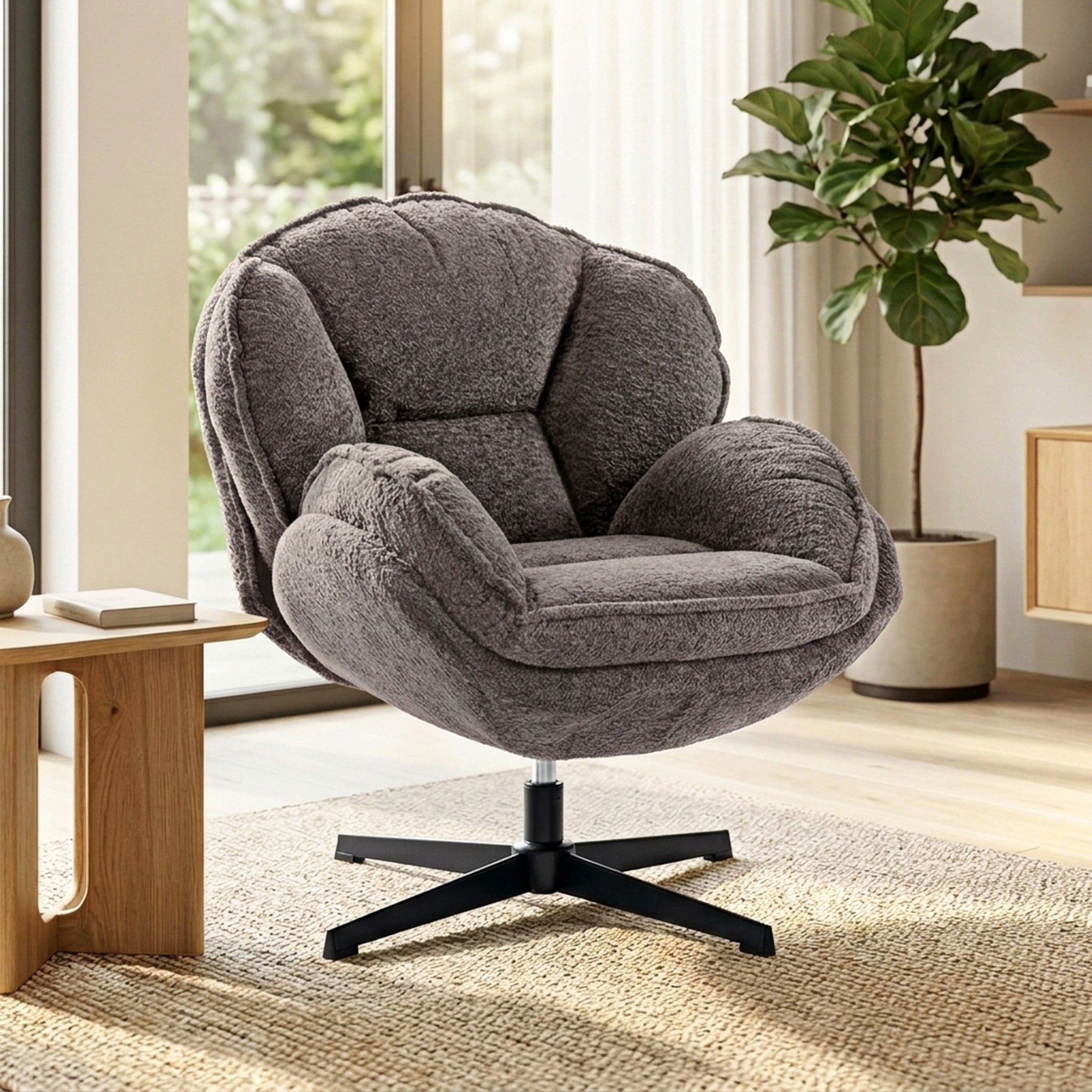 HOMCOM Modern Wingback Accent Chair, Velvet Armchair with Four-Star Base, S-Springs, Swivel, Grey 