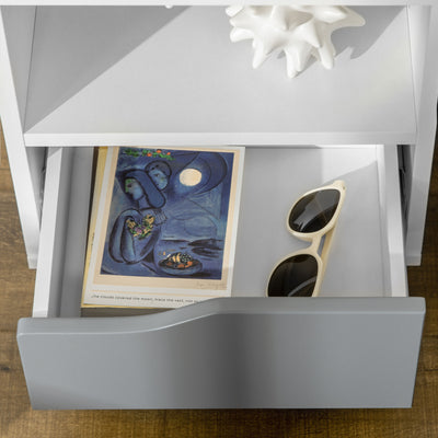 HOMCOM Set of 2 Modern Bedside Tables with Shelves, Drawers and Wood Legs, 36.8cm x 33cm x 43.8cm, White and Grey 