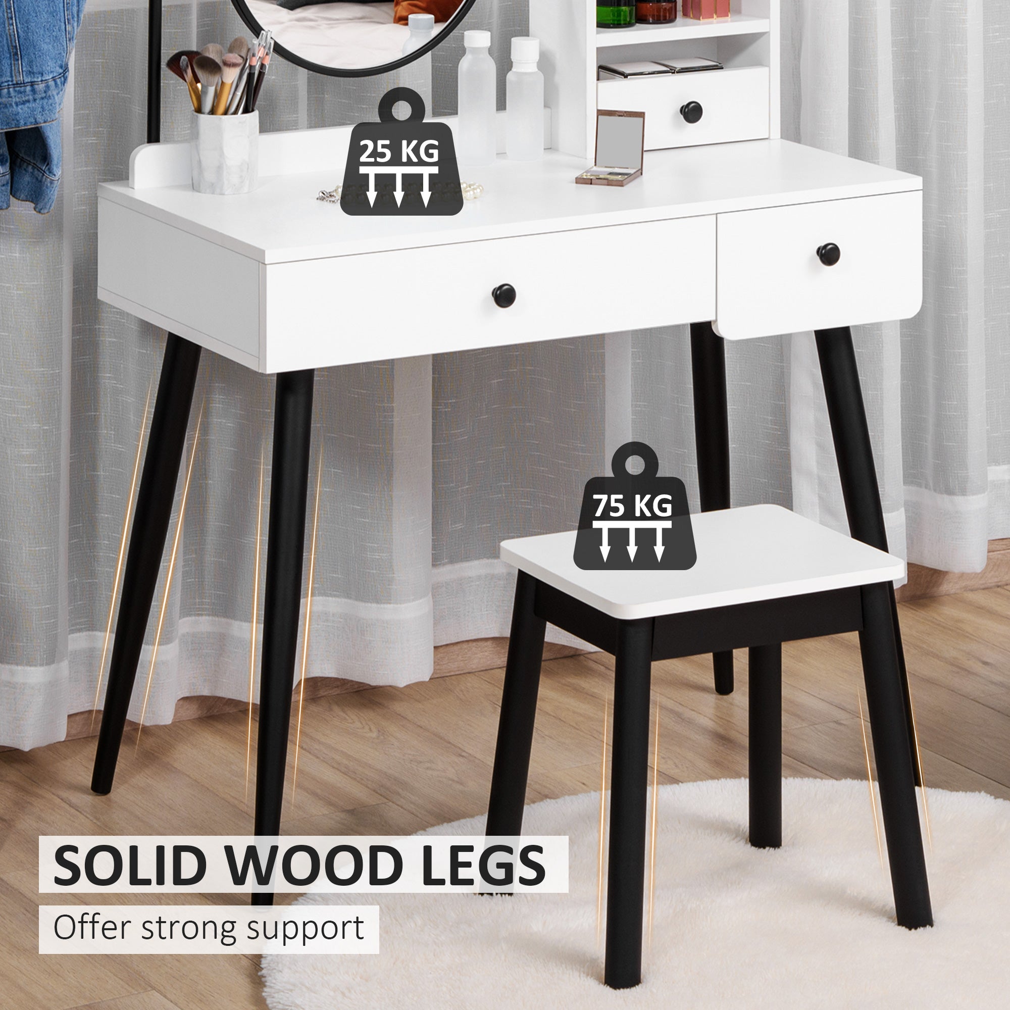 HOMCOM Dressing Table Set with Mirror and Stool, Vanity Makeup Table with 3 Drawers and Open Shelves for Bedroom, Living Room, White 
