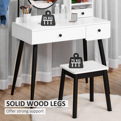 HOMCOM Dressing Table Set with Mirror and Stool, Vanity Makeup Table with 3 Drawers and Open Shelves for Bedroom, Living Room, White 