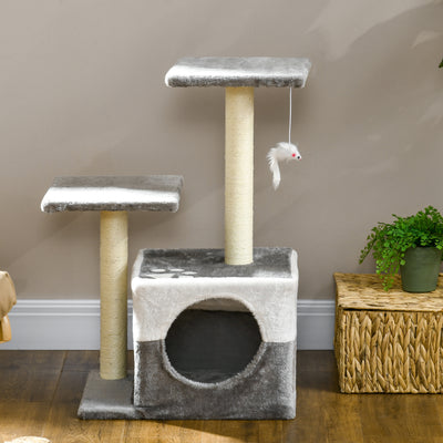 PawHut Cat Tree w/ Sisal Scratching Posts, House, Perches, Toy Mouse, Grey 