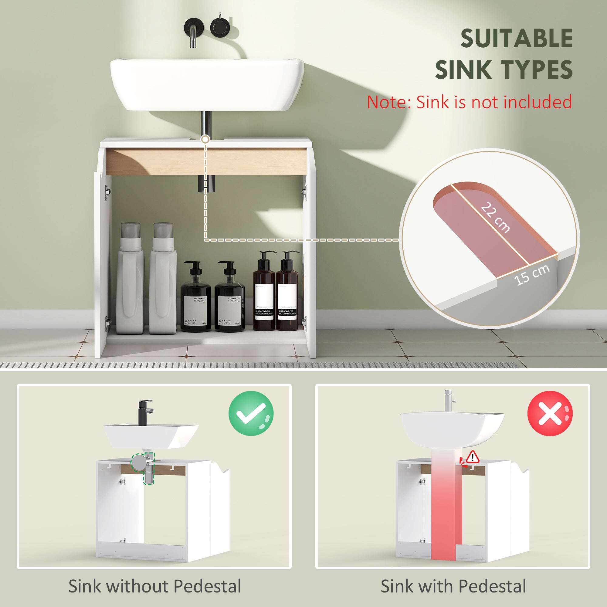 HOMCOM Under Sink Bathroom Cabinet, Bathroom Storage Cabinet with Soft-Close Doors, for Basin without Pedestal, White 