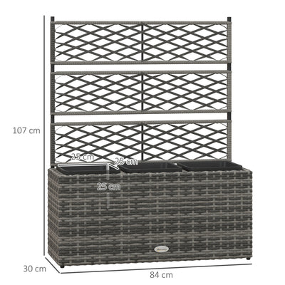 Outsunny 33L Garden PE Rattan Planter with Trellis, Free Standing Flower Raised Bed for Garden, Garden Planter for Climbing Plants, 84cm x 30cm x 107cm, Light Grey 