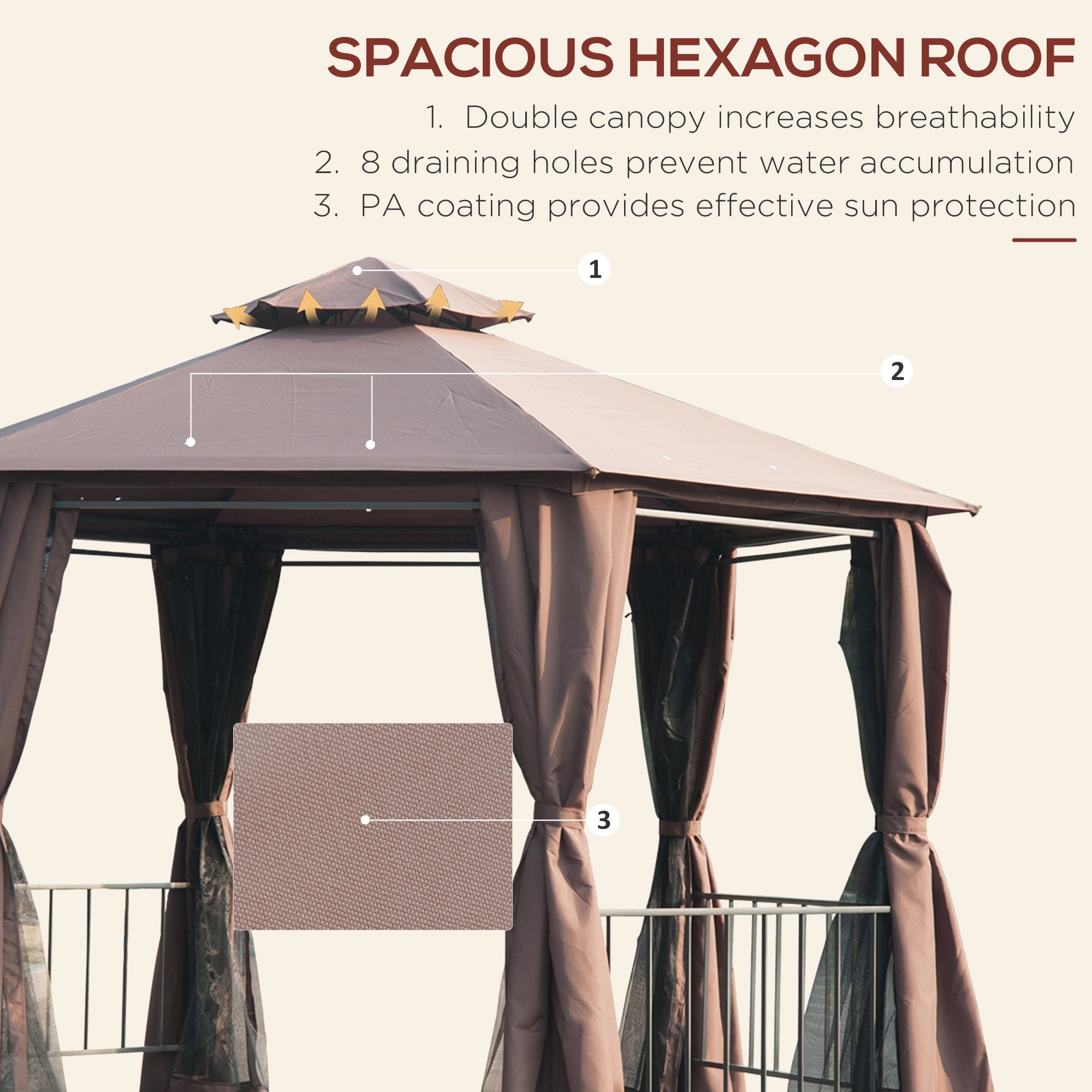 Outsunny 3 x 3(m) Hexagon Gazebo Patio Canopy Party Tent Outdoor Garden Shelter w/ 2 Tier Roof & Side Panel - Brown 