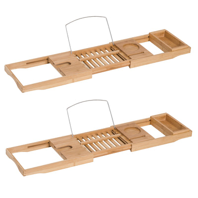 HOMCOM Extendable Bamboo Bathtub Shelf Rack Bath Caddy Tray Bathroom Storage, Set of 2 