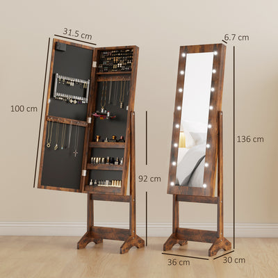 HOMCOM Free Standing Mirror Jewelry Cabinet with LED Lights, Jewellery Organiser with 3 Angle Adjustable, Full-Length Mirror with Storage for Earrings, Necklaces, Rings and Lipsticks, Rustic Brown 