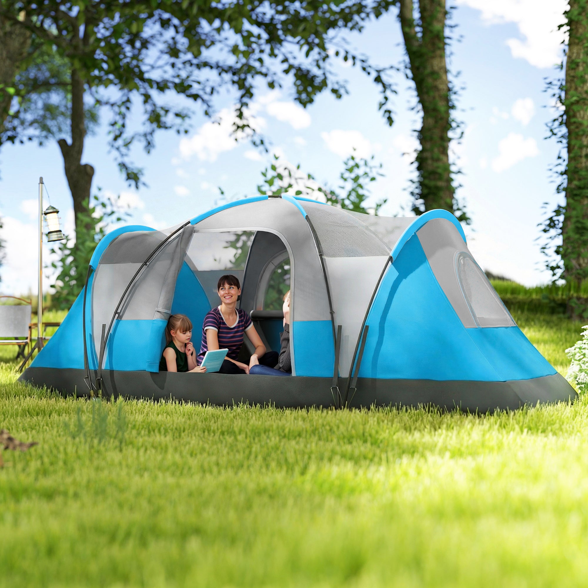 Outsunny 5-6 Man Camping Tent, Tunnel Tent, Water Resistant Hiking Shelter with Groundsheet and Carry Bag, Light Blue 