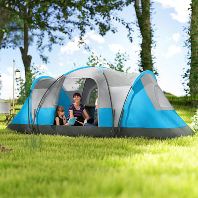 Outsunny 5-6 Man Camping Tent, Tunnel Tent, Water Resistant Hiking Shelter with Groundsheet and Carry Bag, Light Blue 
