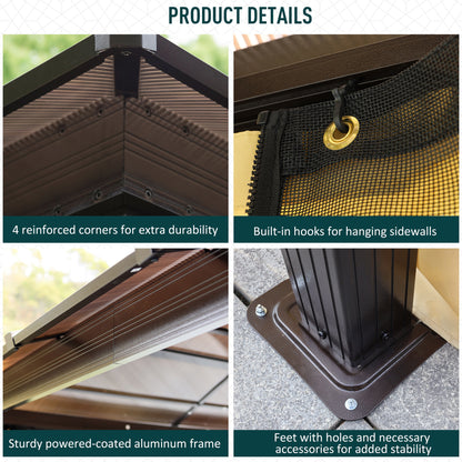 Outsunny 3 x 3.6m Polycarbonate Hardtop Gazebo with LED Solar Light and Aluminium Frame, Garden Pavilion with Mosquito Netting and Curtains 