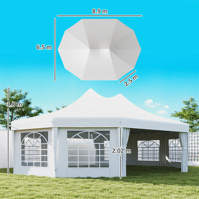 Outsunny 10 Sides Decagonal Garden Gazebo Marquee Party Tent Wedding Canopy Outdoor Heavy Duty Metal Frame (8.9m x 6.5m) - White 
