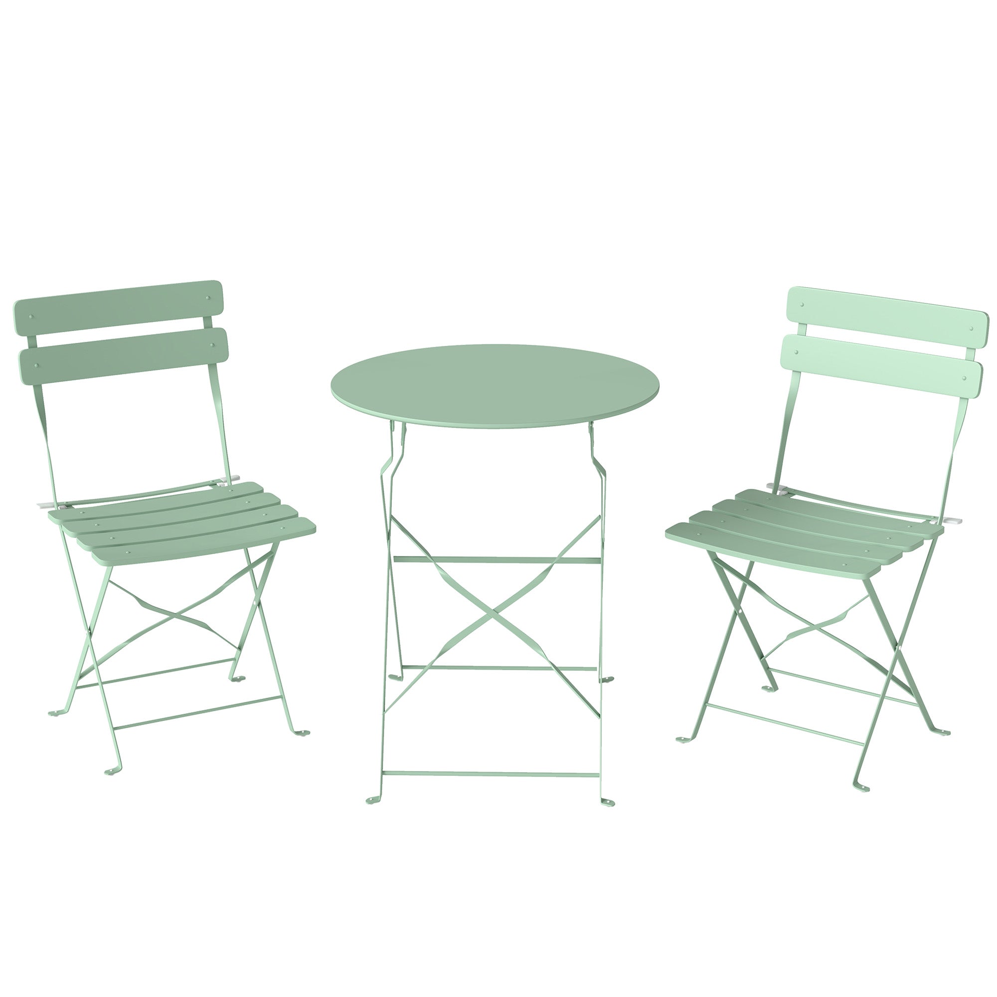 Outsunny Folding Garden Bistro Set, Outdoor Round Bistro Table and Chairs Set 2 with Electrophoresis Metal Frame, Light Green 