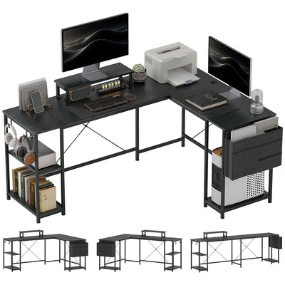 HOMCOM 168cm Reversible L Shaped Desk, Industrial Corner Computer Desk with Adjustable Shelf and Storage Bag, 240cm 2 Person Desk with Monitor Stand, Black 