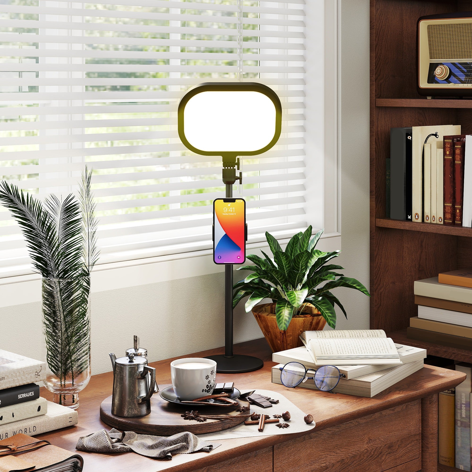 HOMCOM Selfie Light for Video Conference Lighting, Dimmable Desk Lamp with Stand Phone Holder, 5 Colour Modes & 10 Brightness Levels, Memory Function for Home Office, Recording, Video Calls, Black