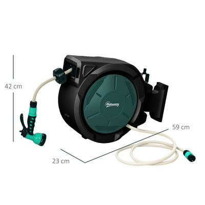 Outsunny Retractable Hose Reel Wall Mounted, 30+2m Garden Hose Pipe Reel with Lock, Auto Rewind, 7 in 1 Spray Nozzle, Includes Wall Fixings, 180° Swivel, Outdoor Watering, 59 x 23 x 42 cm, Green 