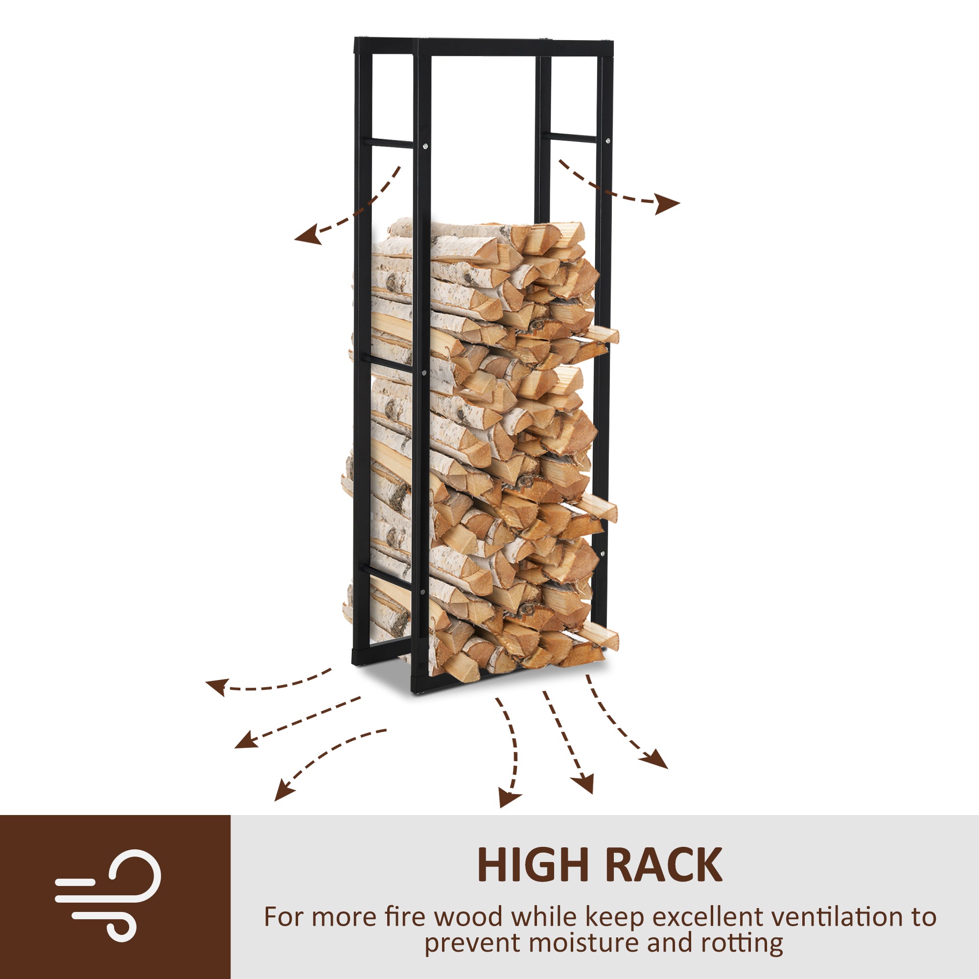 HOMCOM Metal Firewood Log Holder Tall Firewood Rack Indoor Outdoor Fireplace Wood Storage Shelf with Side Rails, Rust-Resistant, Black, 40W x 25D x 150H cm 