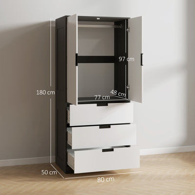 HOMCOM 2 Door Wardrobe, Modern Wardrobe with 3 Drawers and Hanging Rod for Bedroom, High Gloss White 