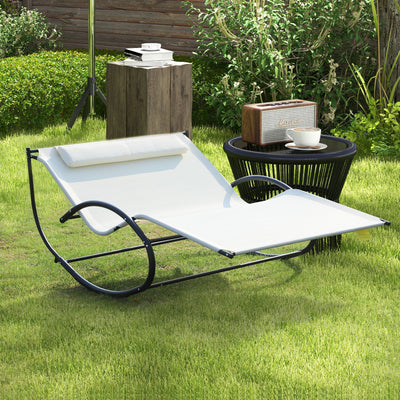 Outsunny Double Sun Lounger, Rocking Lounger Sunbed Daybed with Armrest and Headrest Pillow, for Two, For Outdoor Patio Garden, Cream White 