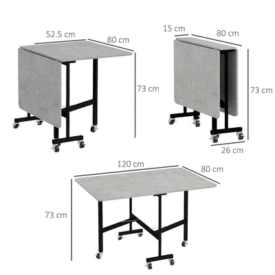 HOMCOM Mobile Drop Leaf Table, Folding Dining Table with 6 Wheels & Brakes, Kitchen Table for Small Spaces, Grey Marble Effect 