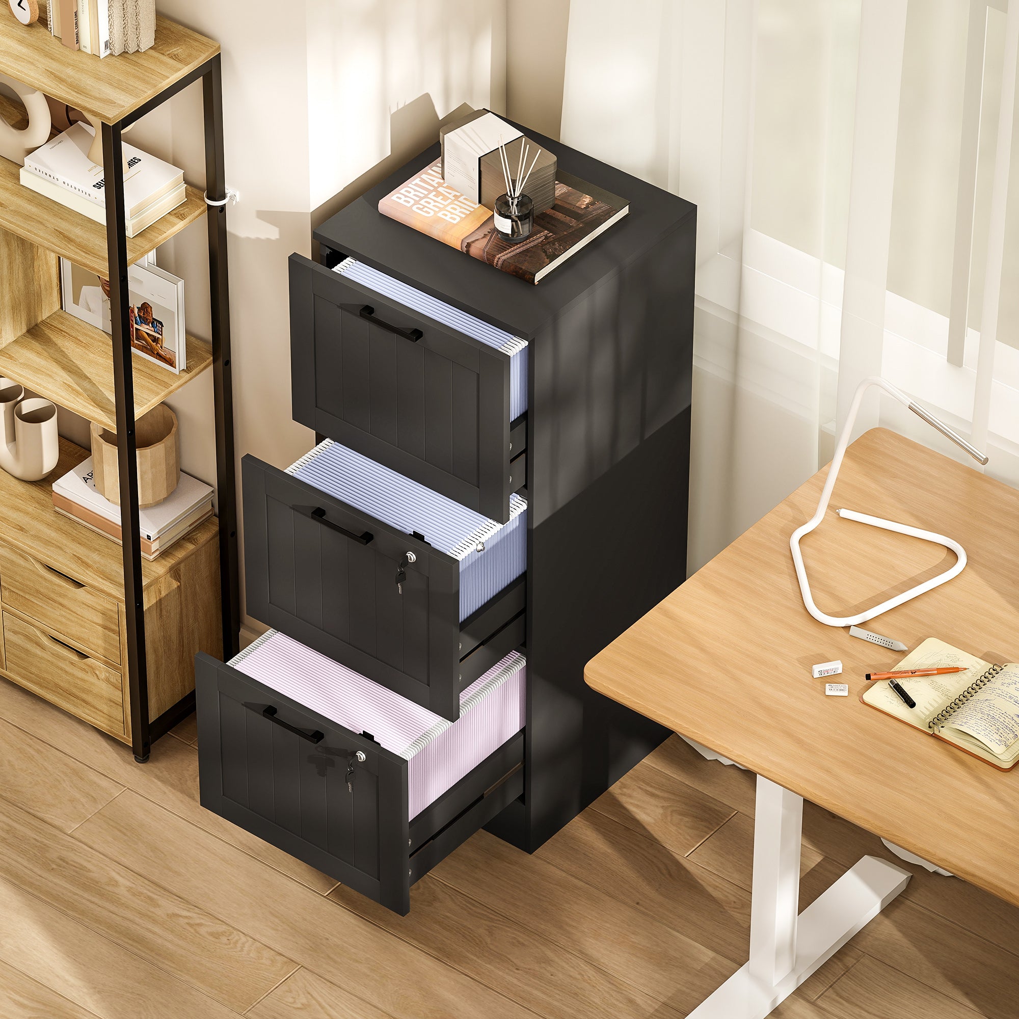HOMCOM 3 Drawer Filing Cabinet with Lock, Office Storage Cabinet with Adjustable Hanging Bars for A4 Letter Size Files, Black 