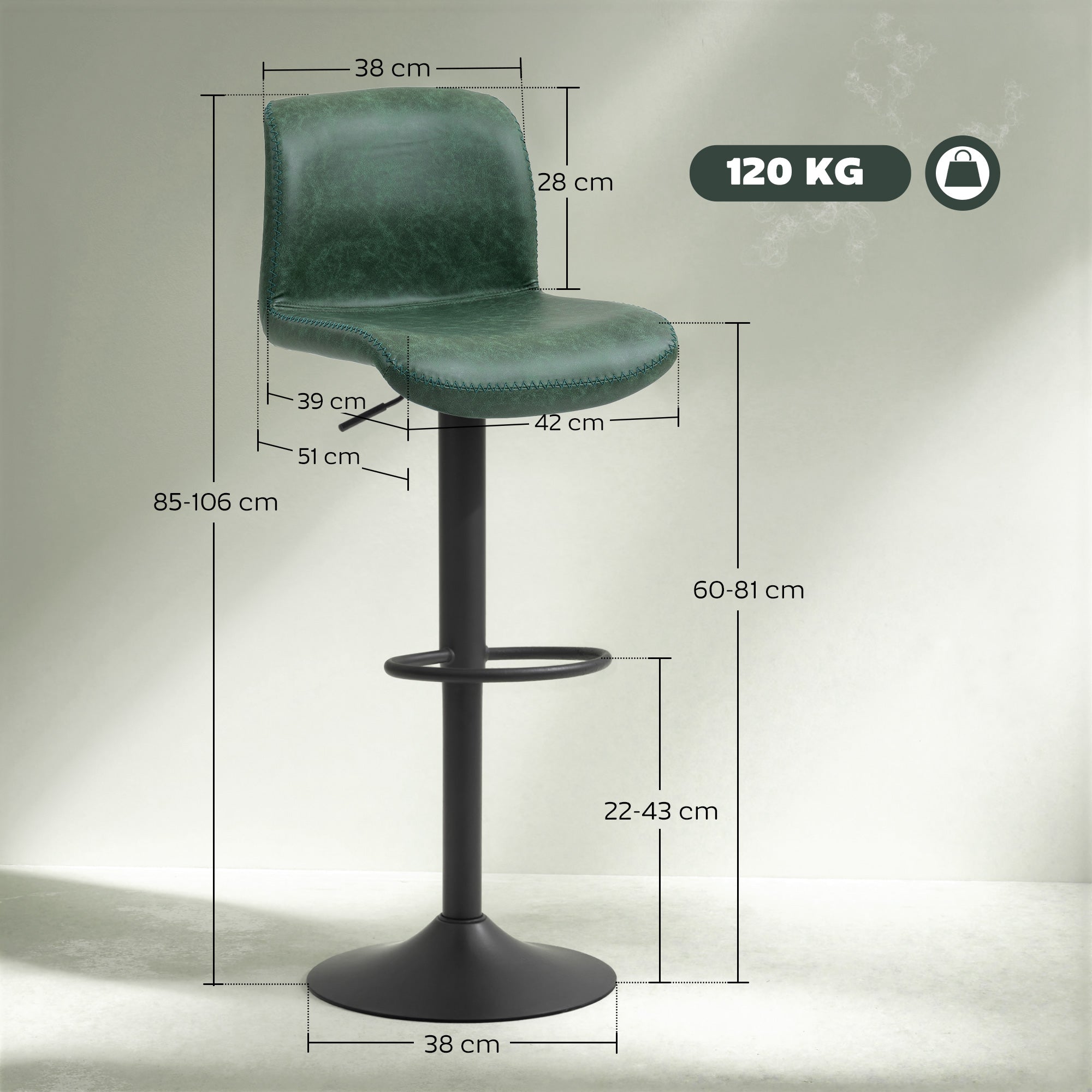 HOMCOM Bar Stools Set of 2, PU Leather Barstools with Backrest and Footrest for Kitchen, Counter, Breakfast Bar, Green 