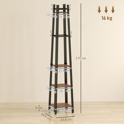 HOMCOM Industrial-Style Four Shelf Coat Stand - Brown/Black 