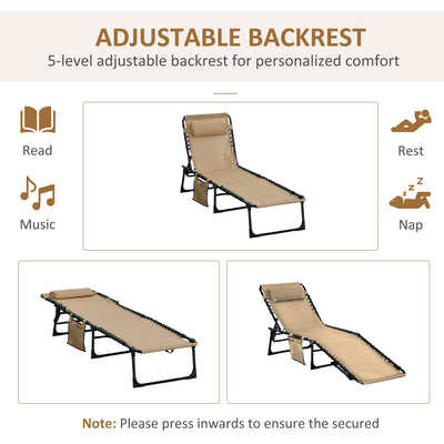 Outsunny Portable Sun Lounger Set of 2, Folding Camping Bed Cot, Reclining Lounge Chair 5-position Adjustable Backrest with Side Pocket, Pillow for Patio Garden Beach Pool, Beige 