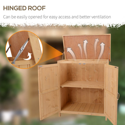 Outsunny Wooden Garden Storage Shed with Hinged Roof and Shelves, Outdoor Storage Cabinet Chest, Double Doors, 74 x 43 x 88cm, Burlywood 