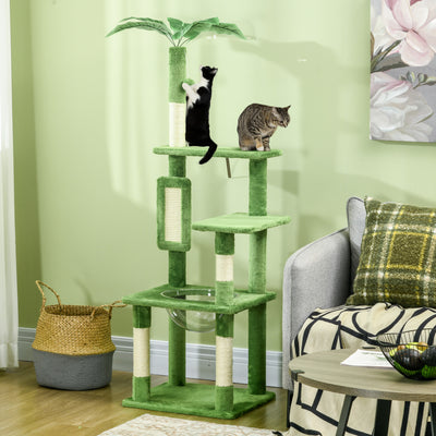 PawHut 142cm Cat Tree Tower, with Scratching Post, Hammock, Toy Ball, Platforms - Green 