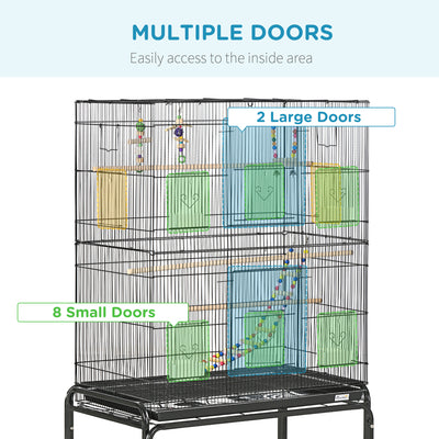 PawHut Large Bird Cage Budgie Cage with Stand, Toys, Wheels, Accessories, Storage Shelf for Canaries, Finches, Lovebirds, Parakeets - Black, 79 x 49 x 133 cm 