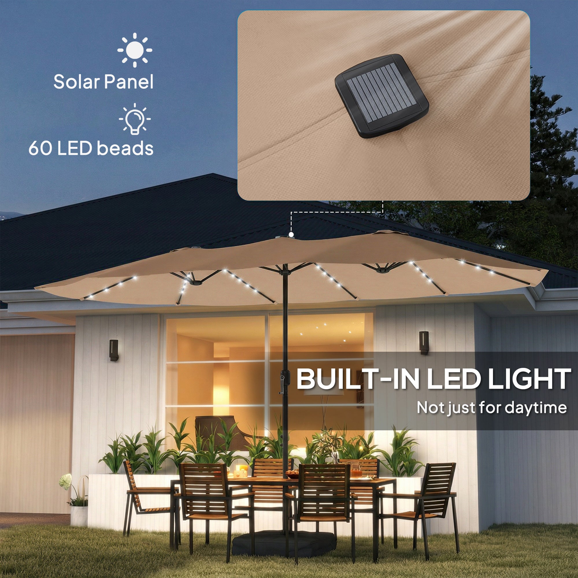 Outsunny Patio Umbrella Double-Sided Outdoor Umbrella with Solar Lights Base, Khaki 