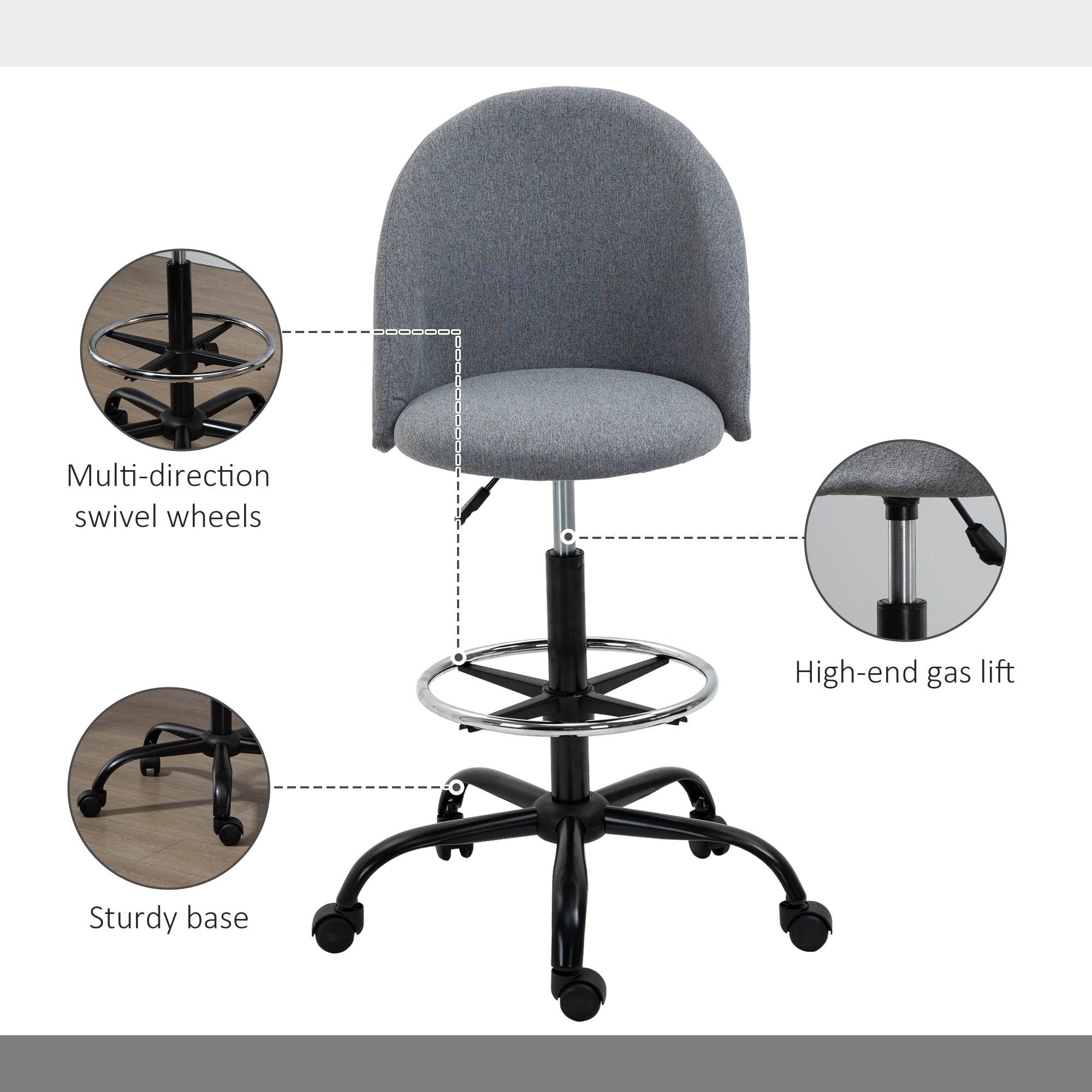 Vinsetto Ergonomic Drafting chair Adjustable Height w/ 5 Wheels Padded Seat Footrest 360° Swivel Freely Comfortable Versatile Use For Home Office - Grey 