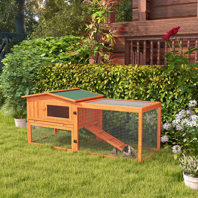 PawHut Rabbit Hutch with Run Wooden Guinea Pig Hutch Outdoor Bunny Cage Hide House with Sliding Tray, Hay Rack, Ramp, 156 x 58 x 68cm, Orange 