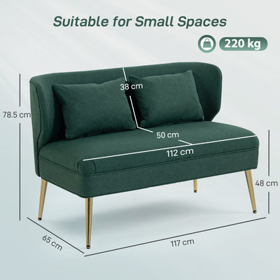 HOMCOM 2 Seater Sofa, Linen-look Fabric Small Sofa with Wing Back, Thick Seat, Metal Legs, Dark Green 
