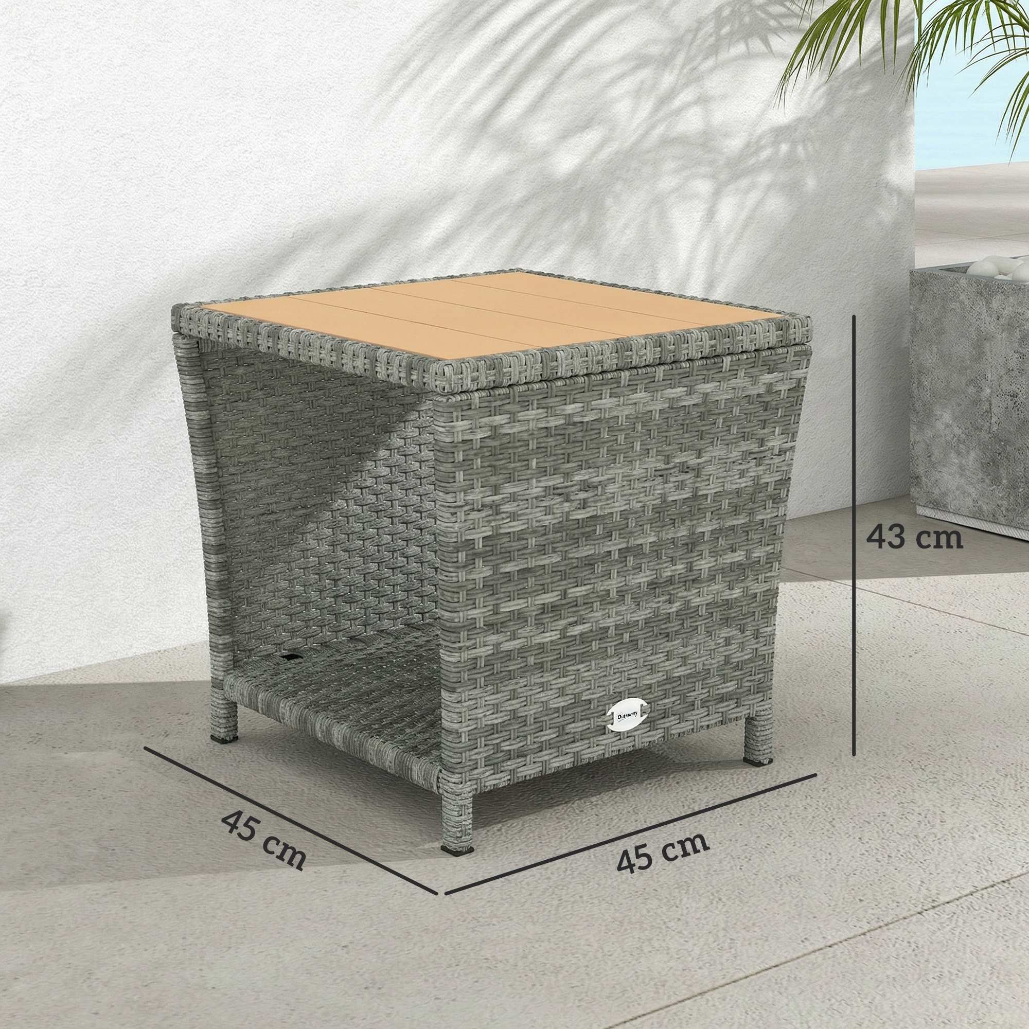 Outsunny Side Table 2-Tier Outdoor Coffee Table with Storage Shelf PS Wood Slat Top/Light Grey 