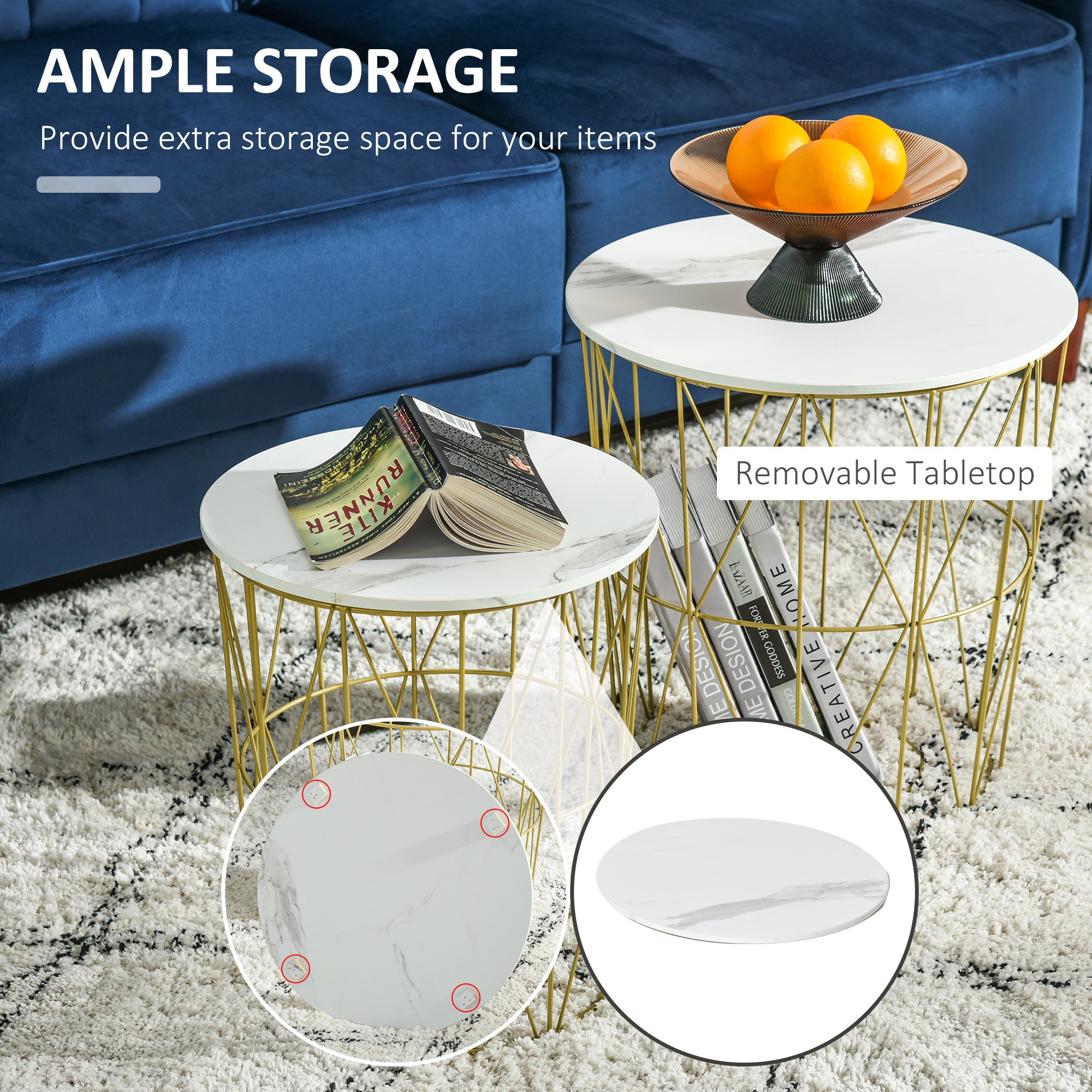 HOMCOM Set of 2 Nesting Side Tables with Storage, Round End Tables Coffee Tables with Steel Frame and Removable Round Top, for Living Room, bedroom, office, White 