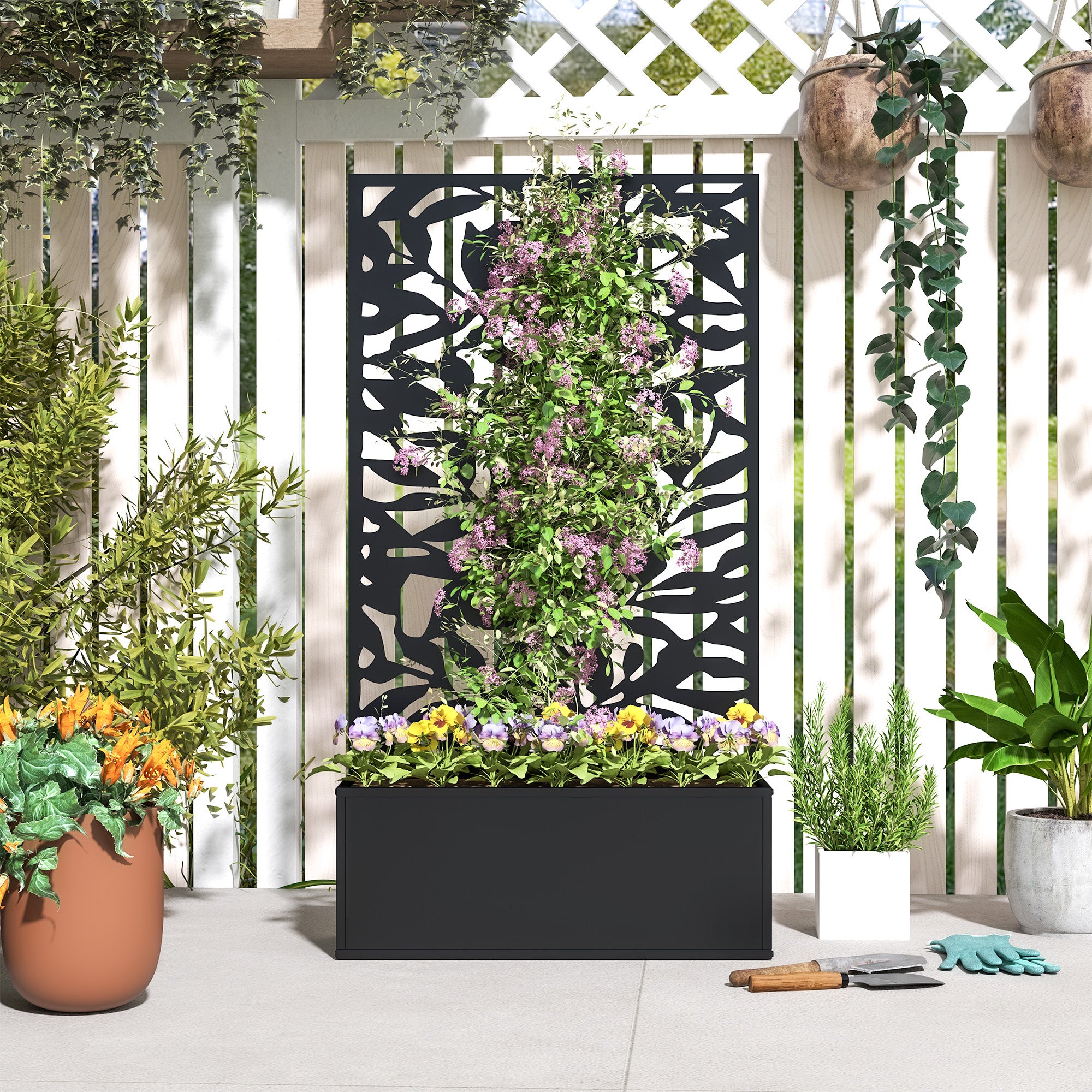 Outsunny Metal Garden Bed with Trellis, Wall Mounted or Freestanding Raised Planter with Privacy Panel, Black 