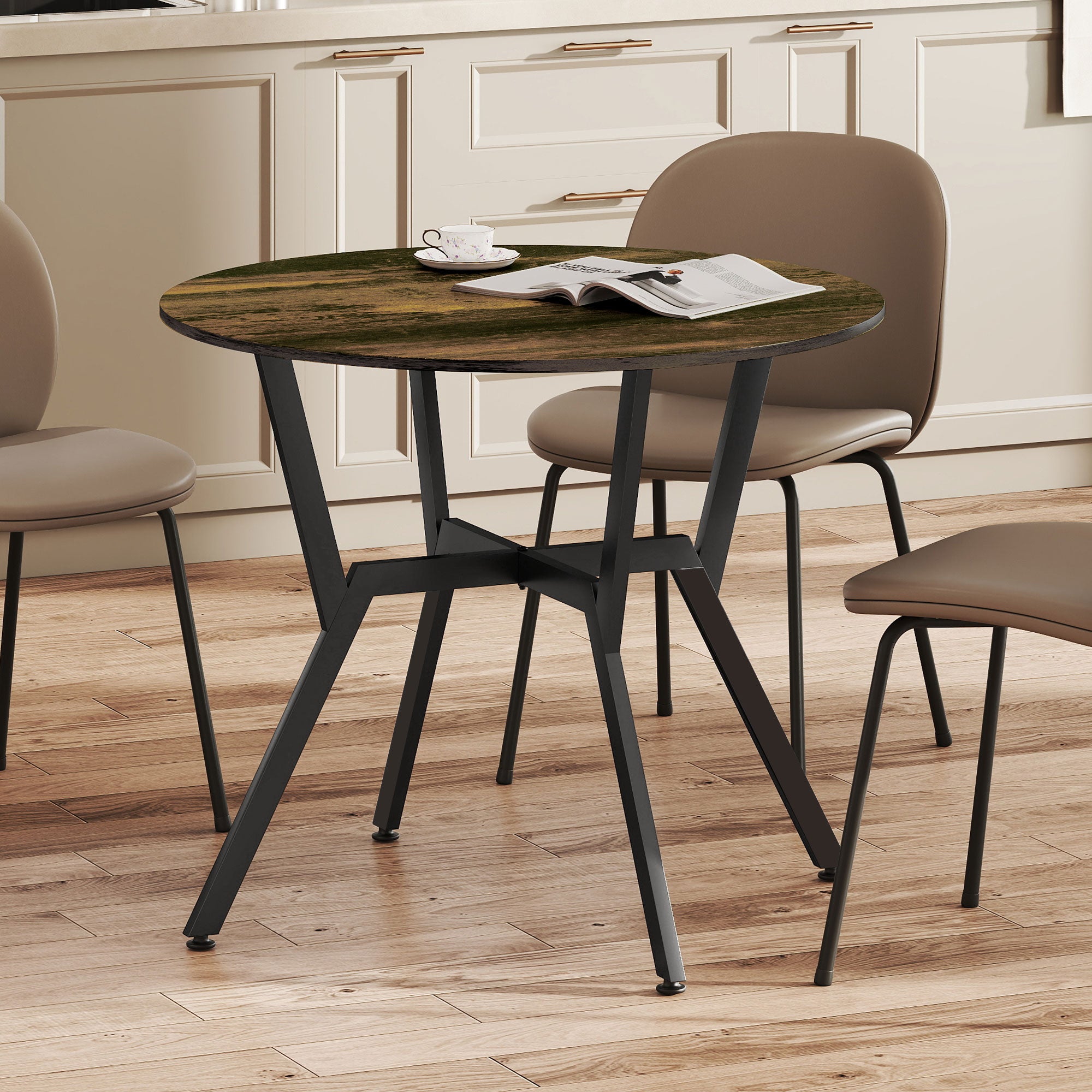 HOMCOM Dining Table, Round Kitchen Table with Black Legs, Anti-slip Foot Pads for Living Room, Dining Room 90 x 76 cm, Rustic Brown 