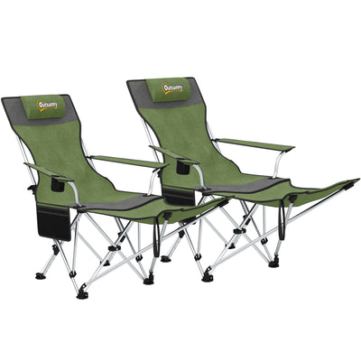 Outsunny Set of 2 Reclining Folding Camping Chair w/ Detachable Footrest, Storage Bag, Cup Holder & Headrest, Lightweight Portable Camp Chair for Beach, Picnic, Olive Green and Grey 