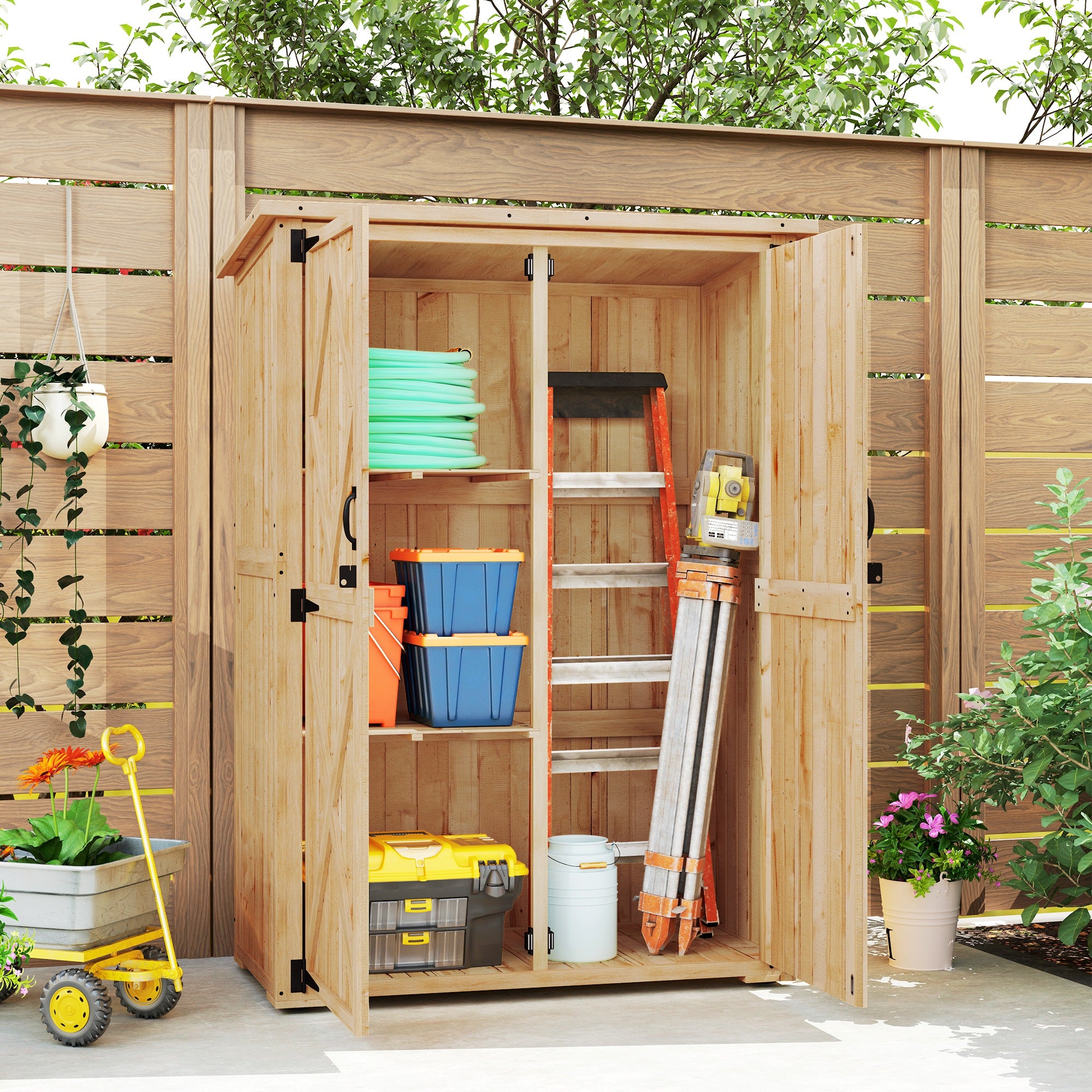 Outsunny Wooden Garden Storage Shed, Tool Storage Cabinet with Asphalt Roof and 2 Shelves for Garden Tools, Equipment, Outdoor Tool Shed with Double Doors, Natural 