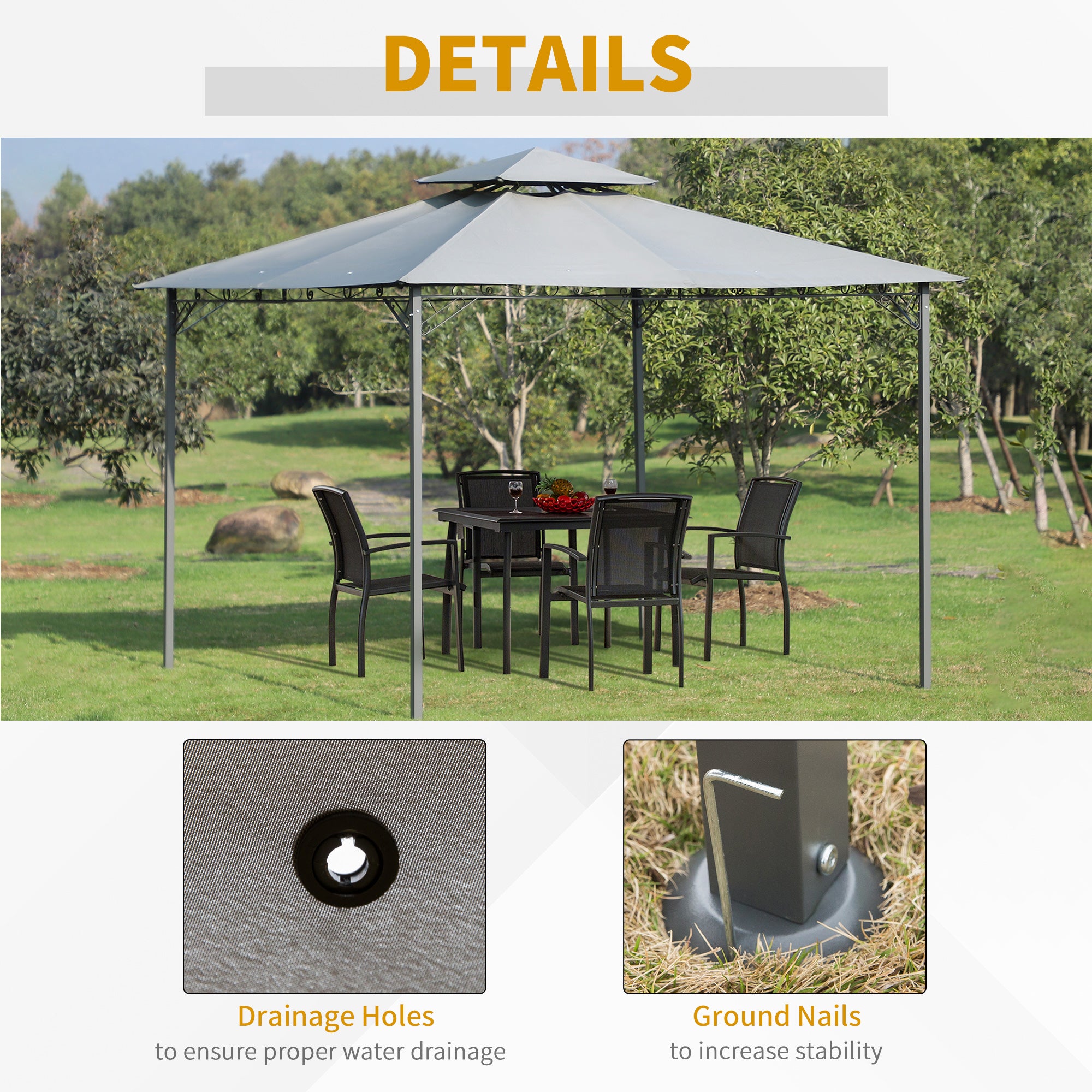 Outsunny 3x3(m) Outdoor Patio Gazebo Steel Canopy Tent Pavilion 2-Tier Roof Top Garden Sunshade Grey 